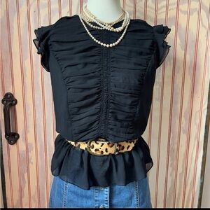 Who What Wear Black Sleeveless Ruched Top Zip Back‎ Ultra Feminine Blouse Size S